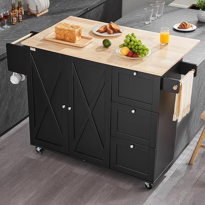 VEVOR Kitchen Island Cart, Rolling Table with Drop Leaf, Spice Rack, Towel Bar, Adjustable Shelf, Drawer, and Hooks, Mobile Island on Wheels, Mobile Carts with Storage Cabinet, 45.3" Wood Top, Black