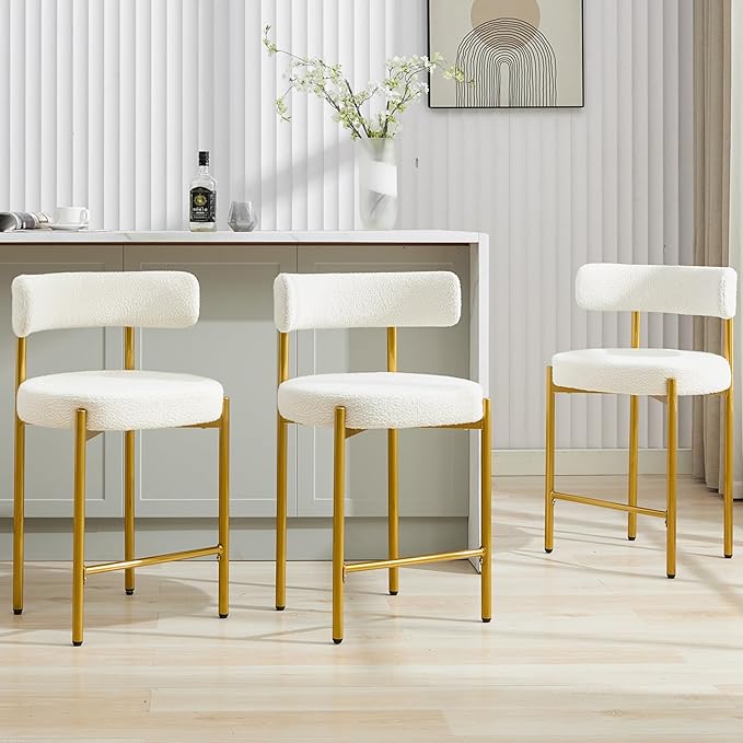 24'' Boucle Bar Stools Set of 3, White Bar Stools with Backs, Counter Height Bar Height Stools for Kitchen Island, Upholstered Bar Chairs with Gold Legs