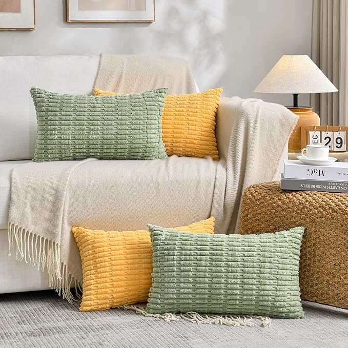 Fancy Homi Set of 4 Spring Lumbar Rectangle Decorative Throw Pillow Covers 12x20 Inch for Couch Bed Chair, Sage Green Yellow Room Decor, Soft Fuzzy Thick Corduroy Cute Textured Cushion Case 30x50cm