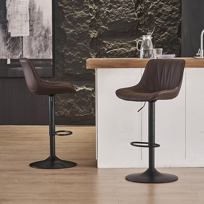 YOUNIKE Bar Stools Set of 2, Faux Leather Padded Bar Stool Counter Height Swivel Bar Chairs, Adjustable Barstools with Back for Kitchen Island, Modern Tall Bar Stools with 300LBS Support, Brown