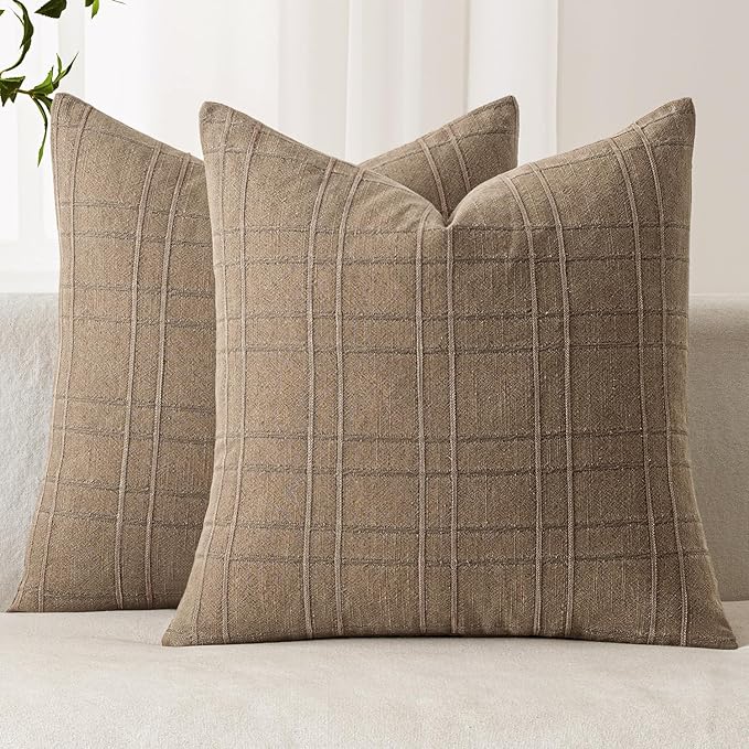 MIULEE Decorative Linen Check Throw Pillow Covers Neutral Farmhouse Vintage Pillow Covers 16x16 Set of 2 Boho Modern Winter Home Decor for Sofa Couch Bedroom Cushion Light Brown