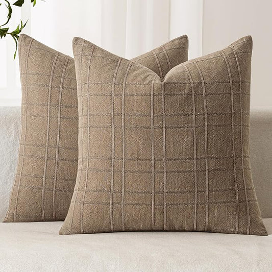 MIULEE Decorative Linen Check Throw Pillow Covers Neutral Farmhouse Vintage Pillow Covers 16x16 Set of 2 Boho Modern Winter Home Decor for Sofa Couch Bedroom Cushion Light Brown