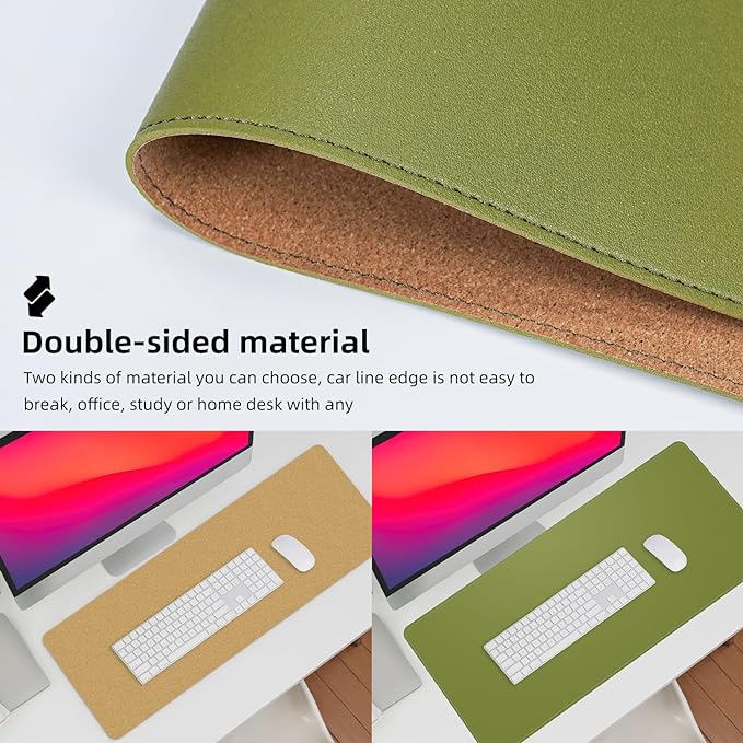 Leather Desk pad Protector, Large Desk mat with Natural Cork & PU Leather,Mouse pad,Non-Slip Office Desk Mat,Waterproof Desk Writing Pad for Office and Home (35in*17in, Olive Green)
