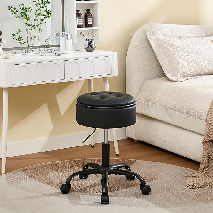 Rolling Stool, Adjustable Height Leather Esthetician Stool Thick Seat Cushion 20.67"-24.61", Black Vanity Chair with Storage
