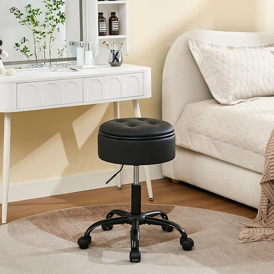 Rolling Stool, Adjustable Height Leather Esthetician Stool Thick Seat Cushion 20.67"-24.61", Black Vanity Chair with Storage