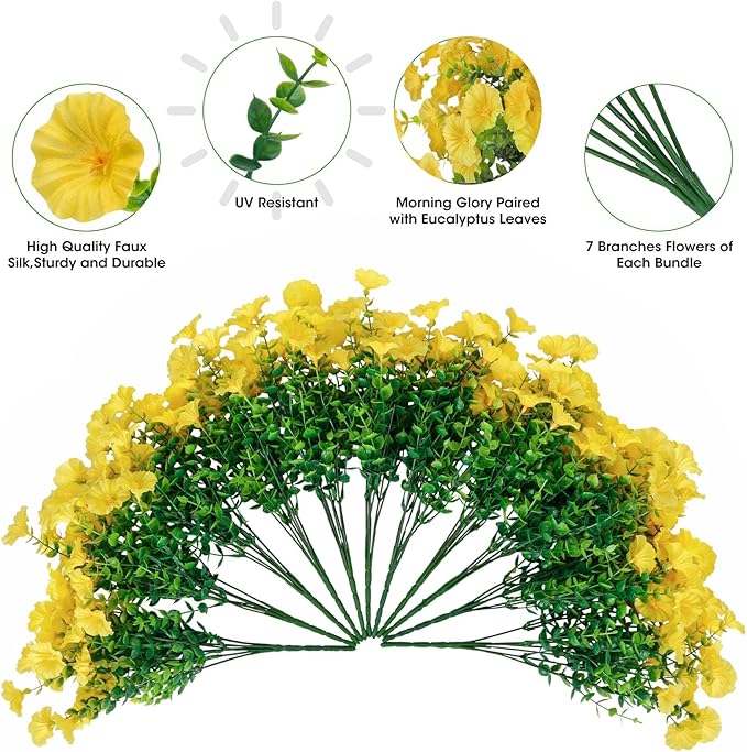 Ouddy Decor 24 Bundles Artificial Flowers for Outdoors Decoration Fake Silk Morning Glory Flowers Faux Eucalyptus Plants UV Resistant for Porch Patio Garden Spring Summer Home Decor, Yellow