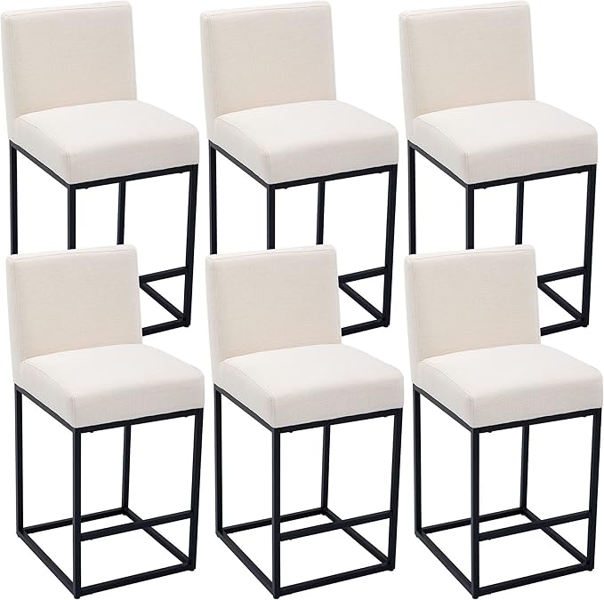 VESCASA Linen 27 inches Counter Height Bar Stools with Padded Back, Modern Upholstered Counter Stool Chairs with Black Metal Frame for Kitchen Island, Set of 6, Cream