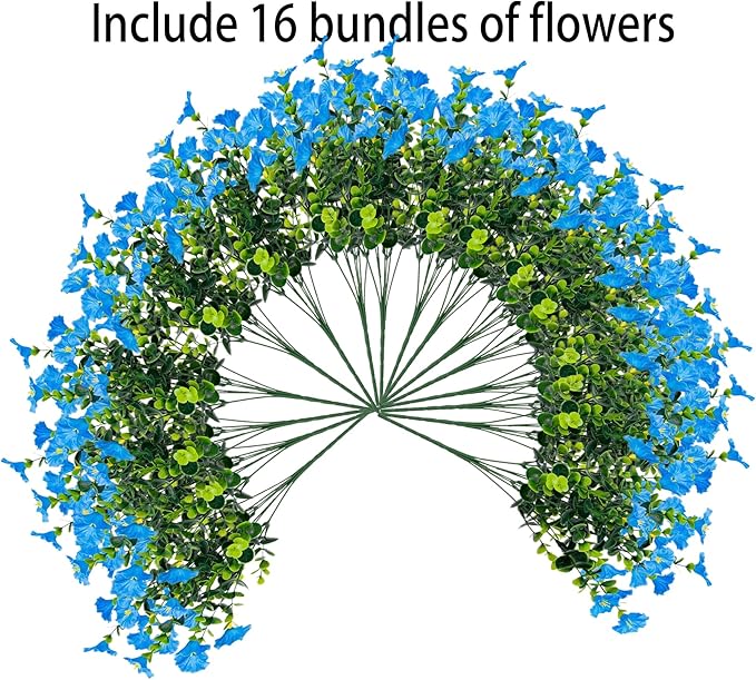 Artificial Outdoor Flowers 16 Bundles Fake Morning Glory Flower Outdoor UV Resistant Plastic Faux Flowers Plants for Decoration Indoor Outdoor Hanging Window Box Planter Home Porch Decor (Blue)