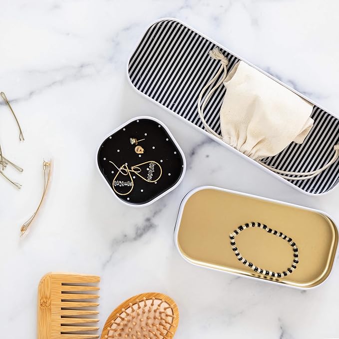 Three by Three Seattle 6 Piece Shallow Metal Organizer Tray Set for Storing Makeup, Stationery, Utensils, and More in Office Desk, Kitchen and Bathroom Drawers (1 Inch, Gold Dots and Stripes)