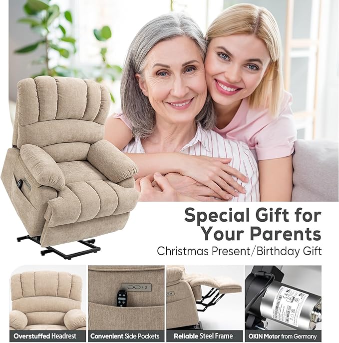Power Lift Chair with Massage Lumbar Heating, Large Recliner Chair for Adult, 23" Wide Seat Big and Tall Recliner Sofa with Remote Control, Standing Assistance, Cup Holders, Beige