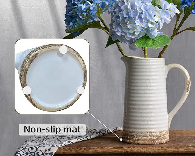 Quoowiit Ceramic Rustic Vase with Handle, White Distressed Decorative Farmhouse Pitcher Vase for Home Decor Living Room Bedroom Kitchen Office Shelf Decor Centerpiece Table Decoration