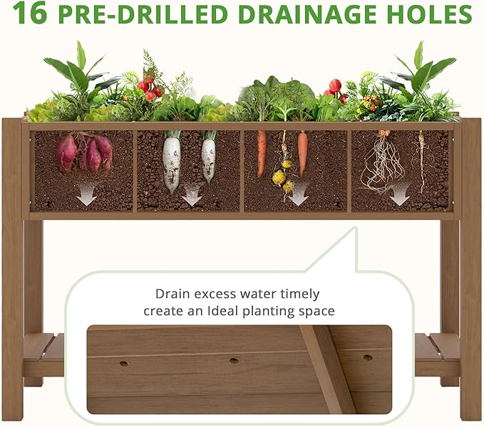 LUE BONA Elevated Planter Box with Legs and Shelf, 47 * 21 * 30in, 8 DIY Pocket HDPS Raised Garden Bed with Tools, 3-Year Warranty, No Crack, Large Outdoor Herb Raised Beds for Gardening Vegetables