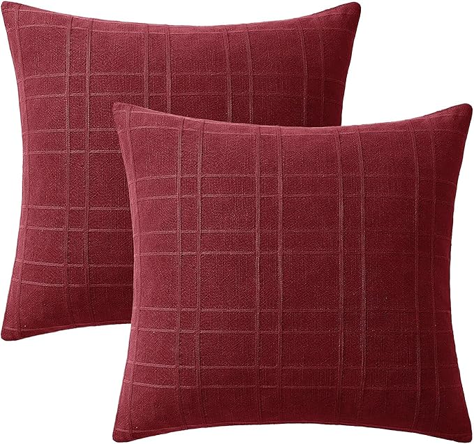 MIULEE Christmas Decorative Linen Check Throw Pillow Covers Neutral Farmhouse Vintage Pillow Covers 18x18 Set of 2 Boho Modern Home Decor for Sofa Couch Bedroom Cushion Burgundy