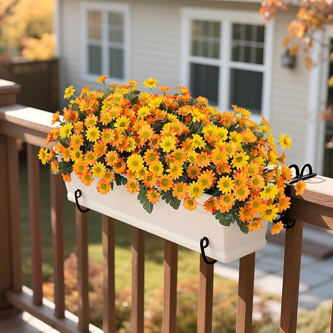 Fake Mums Fall Artificial Flowers for Outdoor Decoration, 6 Bundles Faux Silk Daisy Flowers Realistic UV Resistant No Fade Fall Fake Plants for Home Patio Porch Garden Window Box Decor(Yellow Orange)