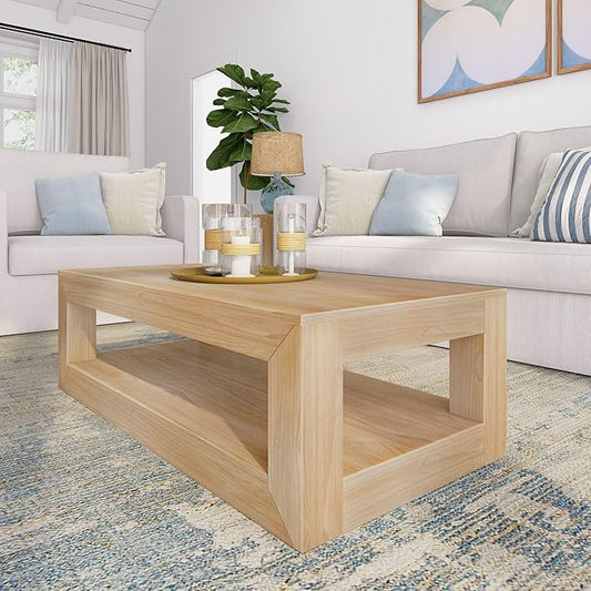 Plank+Beam 40" Modern Rectangular Coffee Table with Shelf, Solid Wood Center Table with Storage, 2 Tier Tea Table for Living Room, Blonde Wirebrush