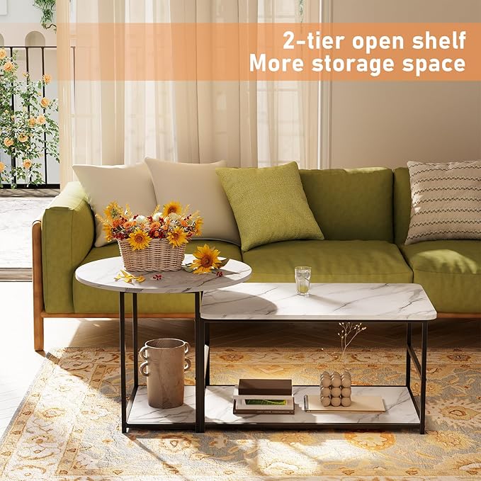 WOHOMO 48IN Faux Marble Wood Coffee Table with Adjustable Shelf, White Nesting Tables 2 in 1, Small Coffee Tables for Living Room