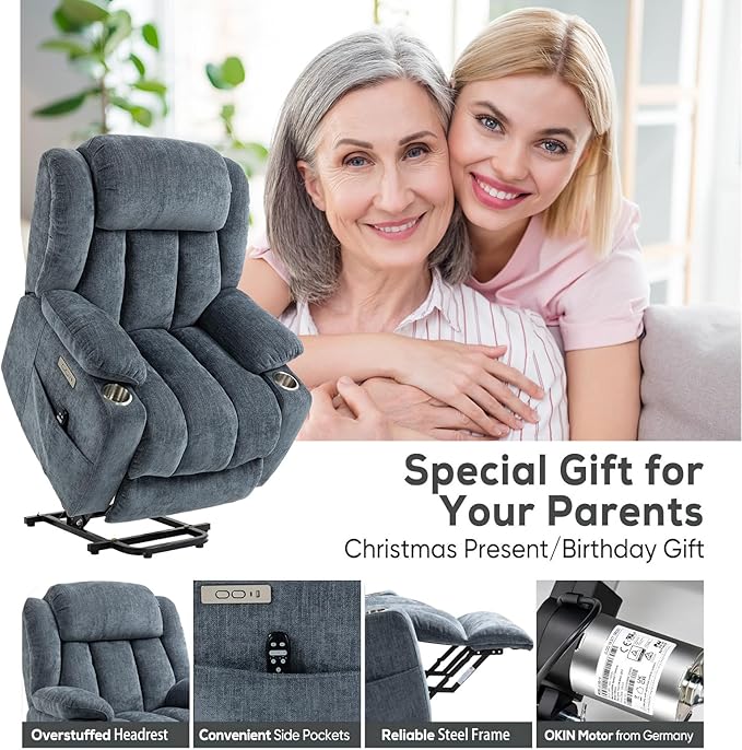 Power Lift Recliner Chair, 350lb Capacity with 8-Point Massage & Heating, USB/Type-C Ports & Cup Holders, Heavy Duty Chenille Recliner for Elderly, Blue Grey