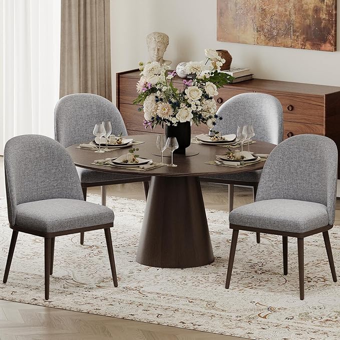Upholstered Dining Chairs Set of 4, Large Dining Room Kitchen Chairs with High Back and Deep Seat, Modern Fabric Dinner Chairs with Wood Legs, Dark Grey