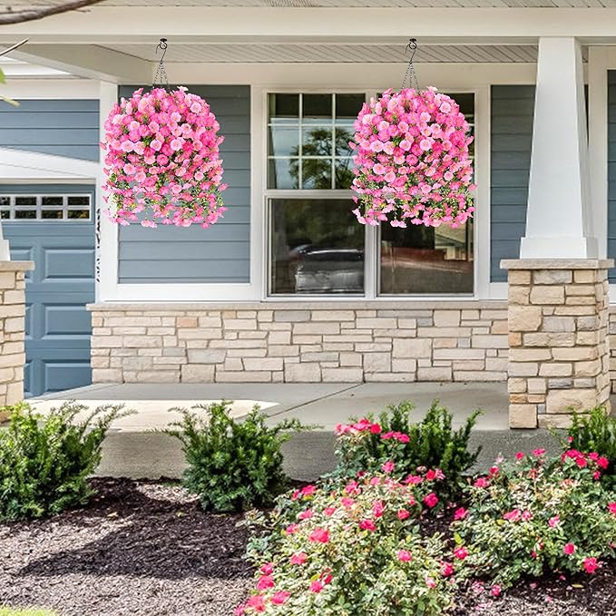2 PCS Artificial Faux Hanging Flowers Plants for Outdoor Decor,Fake Silk Morning Glory with Eucalyptus UV Resistant Realistic Vine for Wall Home Porch Patio Balcony Yard Decor,Pink and Light Pink