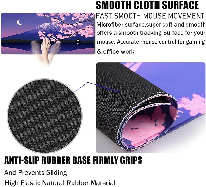 Large Extended Gaming Mouse Pad with Stitched Edges, Non-Slip Waterproof Rubber Base Mouse Pad for Office, Computer, Laptop and Home Mousepad 31.5 x 15.7 Inch, Janpanese Sakura