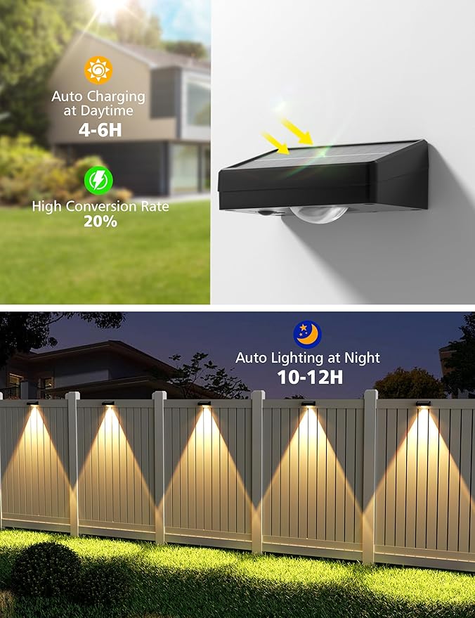 VOLISUN Solar Fence Lights, Fence Lights Solar Powered, IP65 Waterproof LED, 3 Color Temperatures Solar Light for Fence, Yard, Wall, Backyard (16 Pack, Black)