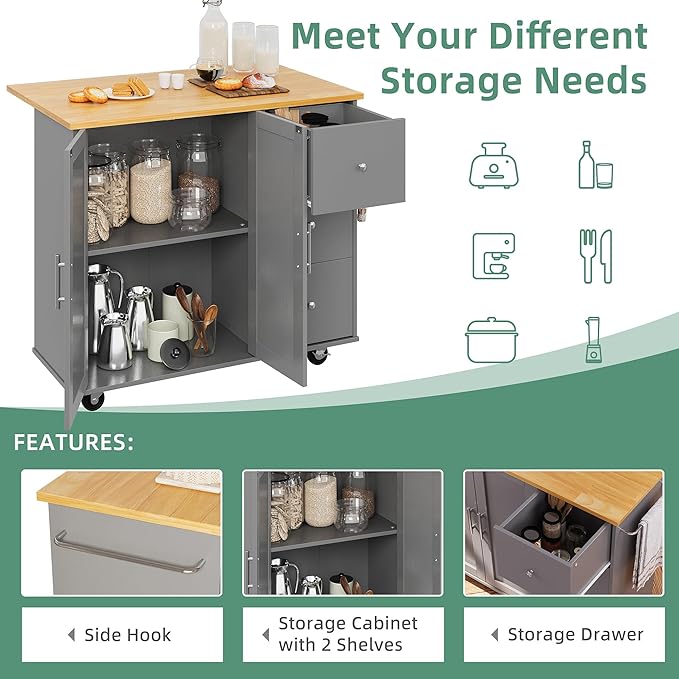 Shintenchi Rolling Kitchen Island Cart with Folding Drop Leaf Breakfast Bar, Portable Trolley Island with Large Storage Cabinet, Shelf and Drawer, Gray