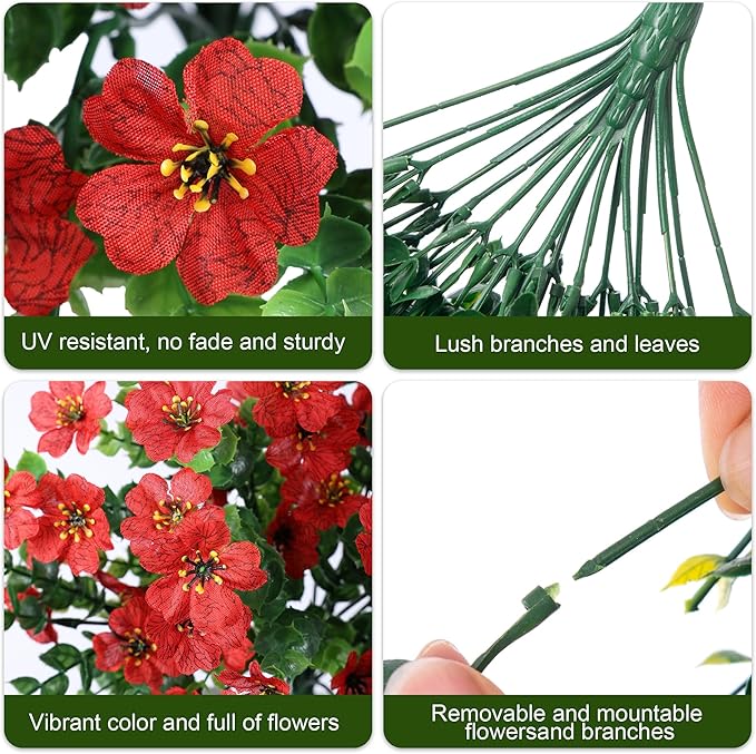 INSPRING Artificial Faux Outdoor Outside Flowers Plants, 2 PCS Fake Silk UV Resistant Look Real Red Daisy Trailing Vines for Front Door Porch Planter Urn Patio Balcony Decoration