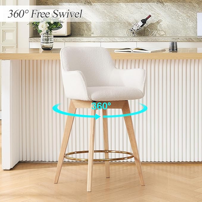 Counter Height Swivel Bar Stools, Boucle Upholstered Bar Stools with Back, Arms, Solid Wooden Legs, 26 Inch Chairs for Kitchen Island, Home Pub, Cafe, 2 Pcs, White