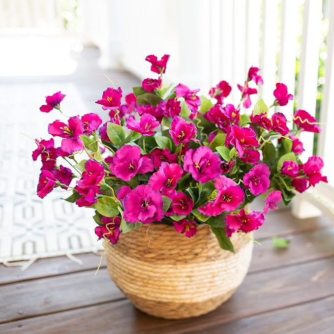 Fake Hibiscus Artificial Flowers for Outdoors Spring Summer Decoration, 6 Bundles Silk Hibiscus Flowers Bouquet UV Resistant Look Real Faux Plants for Outside Planter Front Door Porch Balcony, Fuchsia