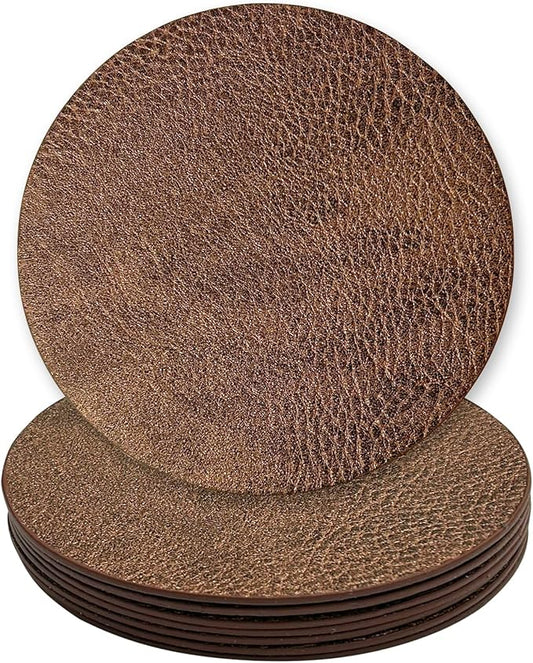Set of 8 Morgan Faux Leather 4 Inch Round Coasters, Heat & Water Absorbent, Natural Style, Drinks Tabletop Home Dinning, Bronze