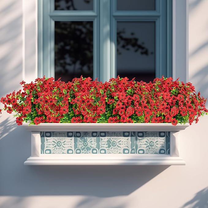 10 Bundles Artificial Faux Flowers for Outdoor,10Pcs Fake Flowers for Home Decor,Plastic Flowers Shrubs Lifelike Artificial Greenery Home Porch Stems Outside Decor(Red)