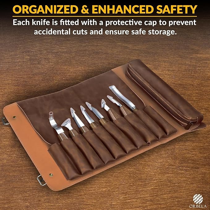 Orbela 16PCS Wood Carving Tools Set Heavy Duty with Leather Roll Bag - Complete Wood Carving Kit for Beginners & Experts, Whittling Knives, Wood Carving Chisels, Sharpening Strop, Gloves Woodworking