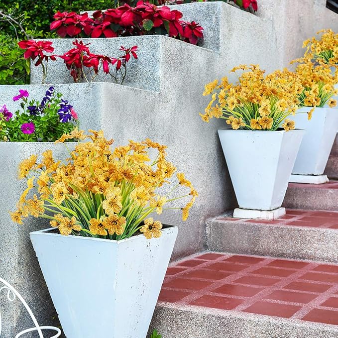 12 Bundles Artificial Flowers Outdoor UV Resistant Flowers No Fade Faux Plastic Plants Garden Porch Window Box Decorating (Yellow)