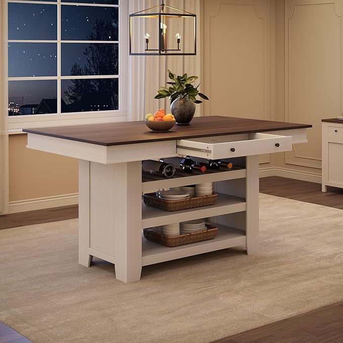 GAOMON 60" Counter Height Dining Table for 4, Farmhouse Rectangular Tall Bar Height Kitchen Dining Table & Thick Table Top, with Deepened Wine Rack & Shelves for Kitchen, Bar,Retro White & Brown