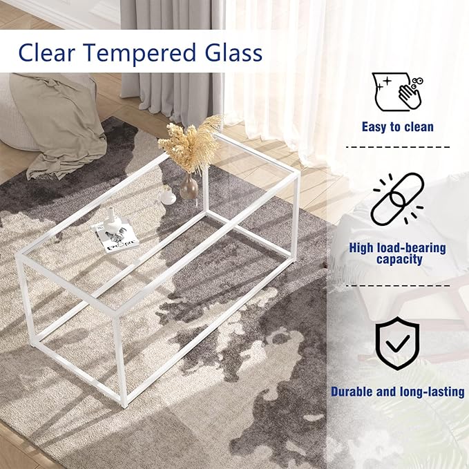 Coffee Table for Living Room, Glass Coffee Tables, Modern 39.4" Center Table for Small Space, Apartment, Office Living Room Home, Rectangular Coffee Table with Clear Glass Top & Metal Frame, White