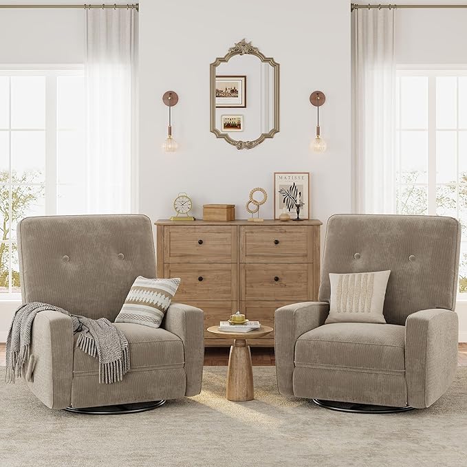 Recliner Chairs, Swivel Rocker Recline, Glider Recliner Nursery Chair, Recliner Chair for Adults, 360° Swivel Glider Rocking Chair for Living Room, Bedroom, Office, RV, Corduroy, Khaki