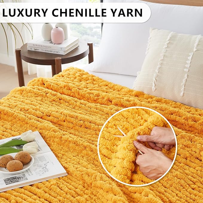 L'AGRATY Chunky Knit Blanket Throw: 80''x90'' Chenille Chunky Knitted Throw Blanket for Bed Couch - Handmade Thick Big Cable Knit Blanket - Large Chunky Crochet Rope Blanket for Home Decor(Yellow)