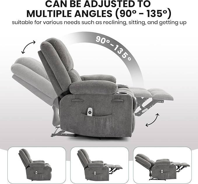 Manual Recliner Chair with Heating & Massage,Ergonomic Overstuffed Breathable Fabric Reclining Chair with Side Pockets,Q235 Steel Frame Lazy Boy Recliner Single Sofa for Living Room Bedroom