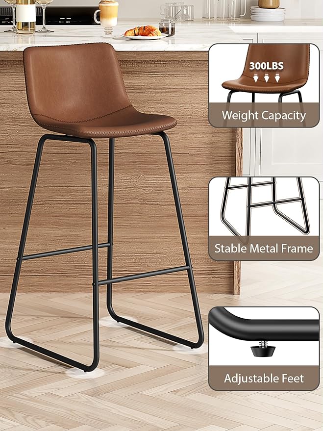 Bar Stools Set of 6, 30 Inches Counter Height Bar Stools with Back, Modern Faux Leather Barstools with Metal Legs and Footrest, Bar Chairs for Kitchens Island (Dark Brown)