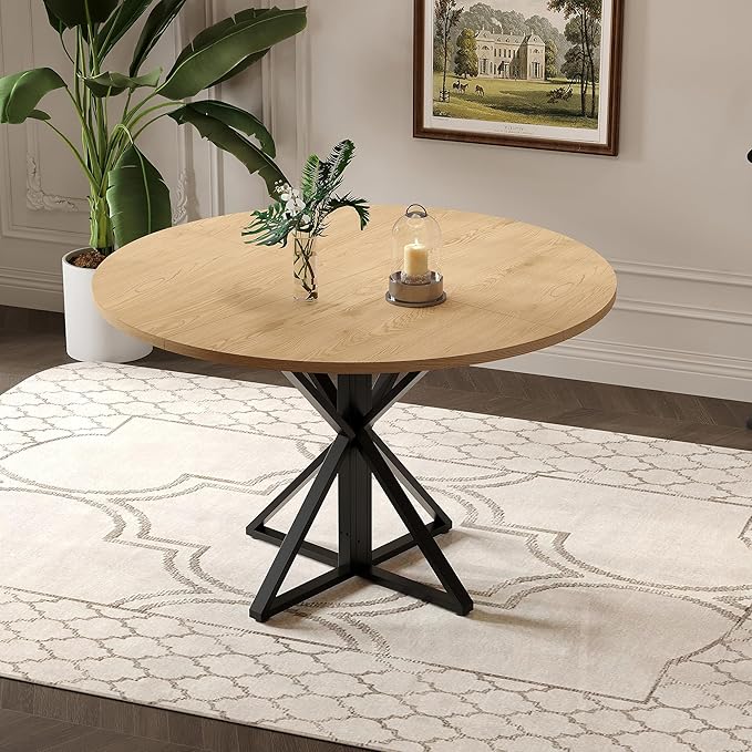 GarveeHome 47 inch Round Dining Table for 4, Oak, Farmhouse Wood Circle Pedestal Kitchen Table, Circle Dinner Table for Kitchen & Dining Room