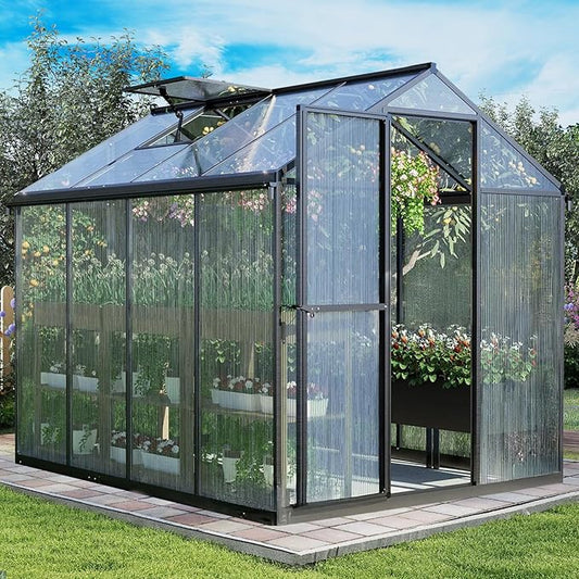 Aoodor 6 x 8 Ft Walk-in Greenhouse with Gutter, Polycarbonate and Heavy-Duty Aluminum Frame, Adjustment Skylight and Lockable 2-Sided Door for Patio, Outdoor, Yard, Lawn Use, Black