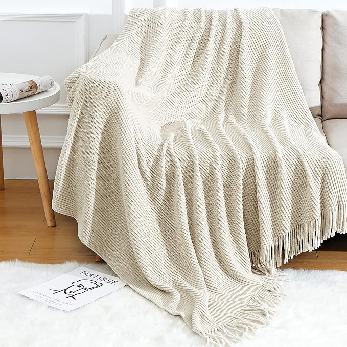 Blagic Knitted Throw Blanket for Couch Soft Farmhouse Boho Throw Blanket with Tassels Home Decorative Lightweight Throw Blankets,Cream White Throws for Bed/Chair/Sofa, Stripe Textured, 60" W x 80" L