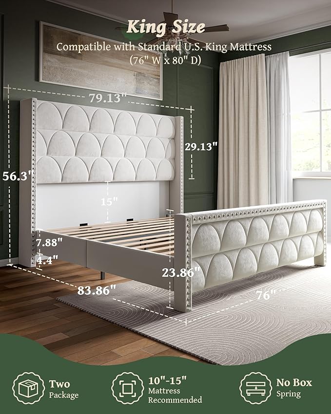 King Size Bed Frame with 56" Headboard - 1000LBS Capacity Support, Velvet Upholstered Wingback Platform Bed Frame, Noise Free, Sturdy Wooden Slat Support