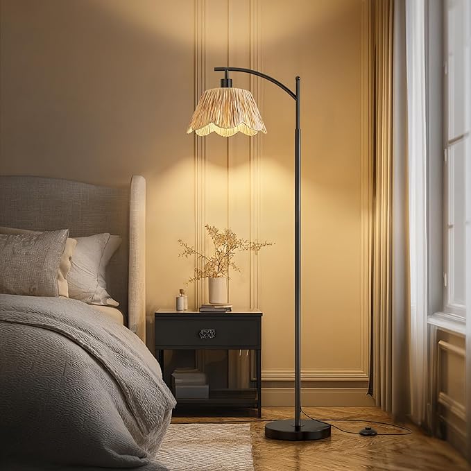 Oneach Arc Floor Lamp for Living Room with 3 Color Temperatures, Rattan Boho Floor Lamp with Hand-Woven Wicker Shade,Farmhouse Floor Lamps with Remote & Dimmable Bulb, Suitable for Bedroom（Black）