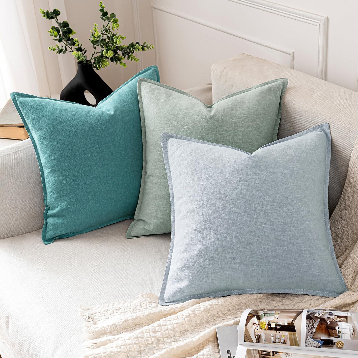 MIULEE Decorative Linen Pillow Covers 20x20 Inch Turquoise Boho Farmhouse Neutral Couch Throw Pillows for Bed Pack of 2 Accent Coastal Modern Pillowcase Summer Sofa Livingroom Home Decor