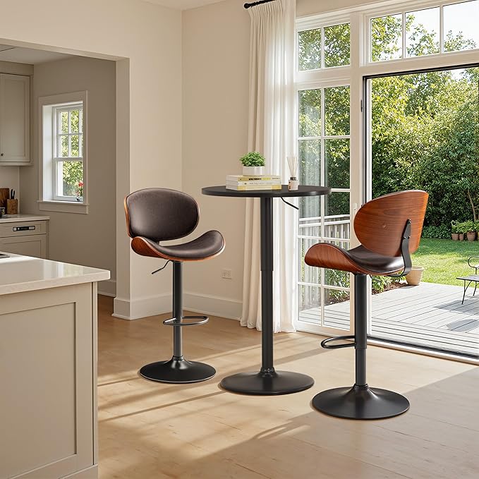 Bar Stools Set of 2 Adjustable Swivel Bentwood Barstools PU Leather Modern Bar Chairs with Back & Footrest for Bar, Kitchen Island, Dining Room (Brown, Set of 2)