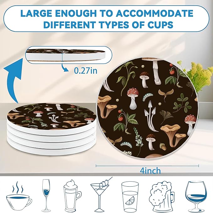 Coasters Set of 4, Mushroom Weeds Round 4" Ceramic & Cork Coasters, Absorbent, Ideal for Table Home Decor, Gifts for Women Men
