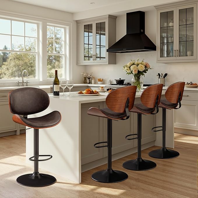 Bar Stools Set of 4 Adjustable Swivel Bentwood Barstools PU Leather Modern Bar Chairs with Back & Footrest for Bar, Kitchen Island, Dining Room (Brown, Set of 4)