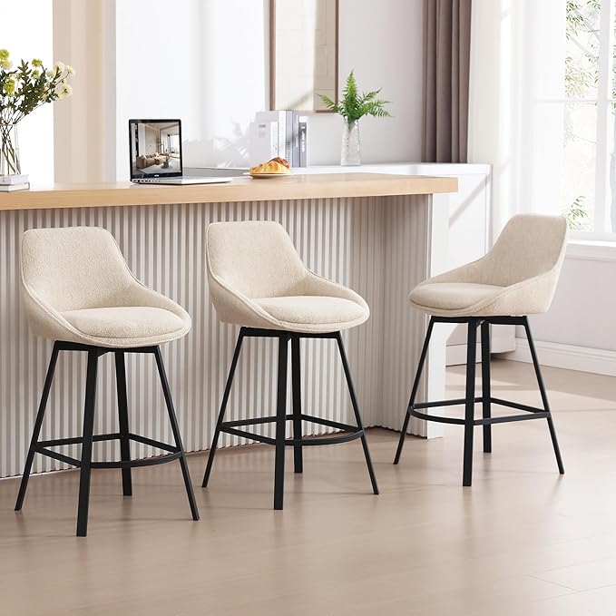 Zesthouse Swivel Bar Stools Set of 4, Modern Counter Height Barstools with Backs, 26'' Upholstered Linen Fabric High Chairs for Island Kitchen, Counter Height Chairs with Metal Legs, Beige