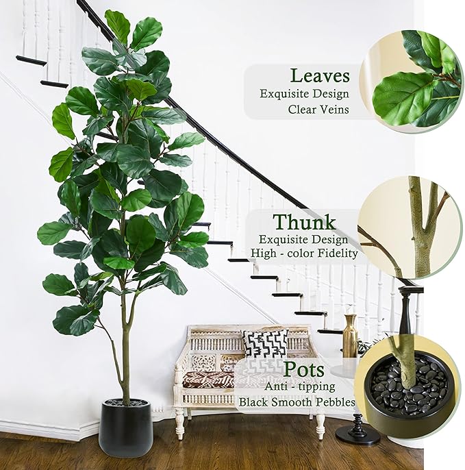 Artificial Fiddle Leaf Fig Tree：6FT Tall Faux Ficus Lyrata Plant Fake Fig Trees Realistic Green Silk Large Leaves with Natural Trunks & Pebbles in Black Planter for Indoor Outdoor Office Home.